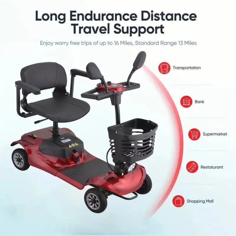4-wheel mobility electric vehicle, 220-pound weight capacity, 20-mile extended range, maximum speed of 6 km/h. Features a basket, rearview mirror, and LED lights. Elderly mobility assistance tool,