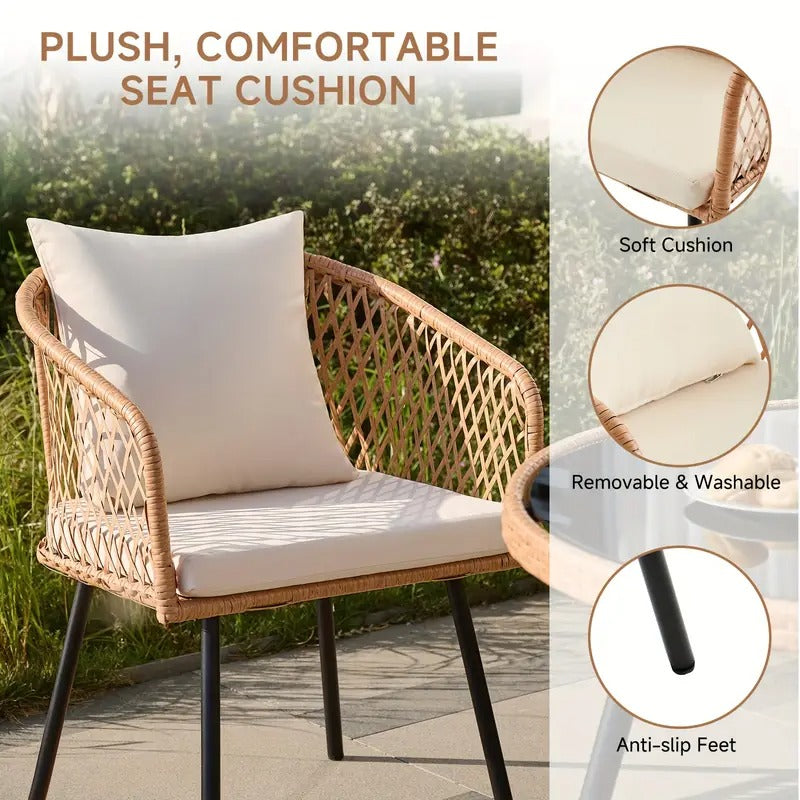 5pcs Patio Dining Table Set With Umbrella Hole, Rattan Outdoor Furniture Set, 4 Cushioned Chairs & Glass Table For Lawn, Deck, Backyard, Garden, Porch(No Umbrella)