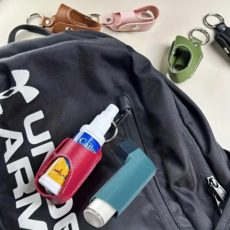 2pcs Faux Leather Inhaler Keychain Cases - Durable, Easy to Carry, Protects Asthma & Cough Bottles, Stylish Keychain Design in Black, Blue, Pink, Green