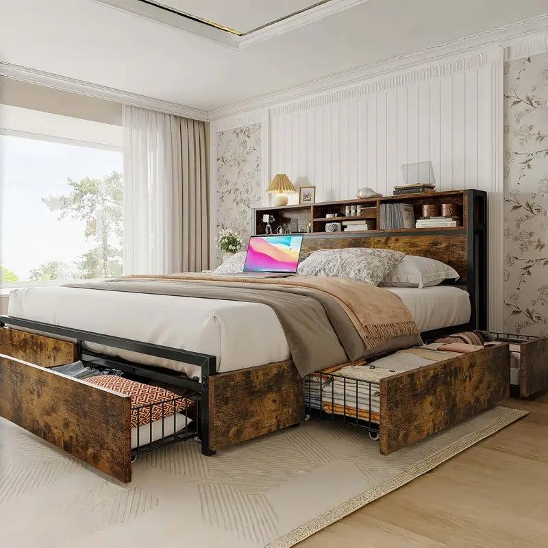 EnHomee Queen Bed Frame With 6 Storage Drawers Queen Bed Frame With Headboard, With Charging Station, No Noise, No Box Springs Needed, Vintage Brown