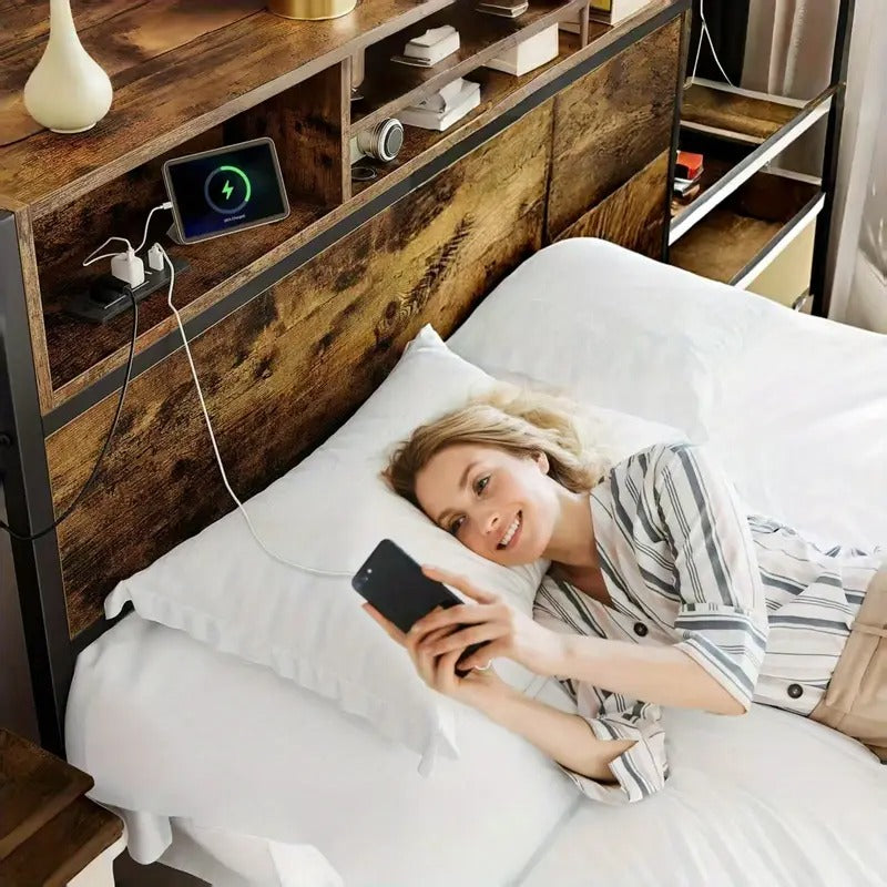 EnHomee Queen Bed Frame With 6 Storage Drawers Queen Bed Frame With Headboard, With Charging Station, No Noise, No Box Springs Needed, Vintage Brown