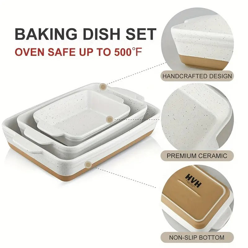 [Ceramic Baking Set] 3pcs Ceramic Baking Dish Set | 9x13 Baking Dish, Lasagne Pan Deep, Large Casserole Dish Set, Baking Dishes for Casseroles 13 X 9, Ceramic Bakeware Set, Farmhouse Style
