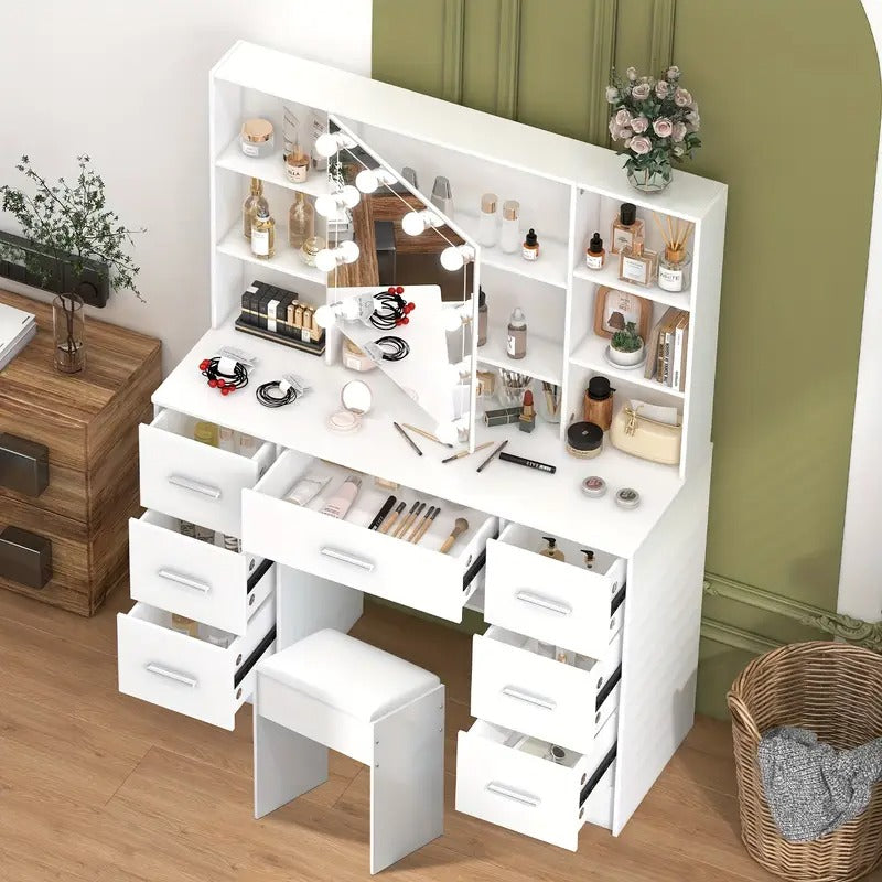 Dresser Set With LED Illuminated Mirror, 7 Drawers, Multiple Compartments, Stool Included, Birthday, Christmas, New Year Gift
