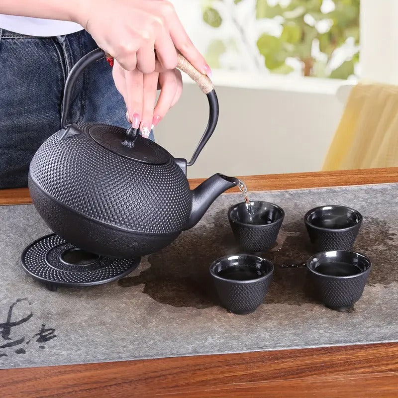 60oz Japanese Cast Iron Pot Tea Set - Black Color Teapot with Infuser and Trivet for Loose Tea Adults, Best for Christmas