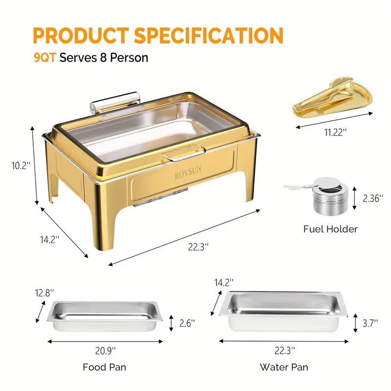 9QT square 304 stainless steel hot pot, hydraulic glass cover and food pot - golden buffet heater, suitable for catering, parties, events and home use only for cooking