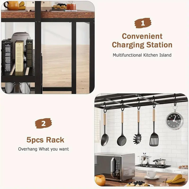 Kitchen Island, Bakers Rack, Island Table for Kitchen, 3 Tier Microwave Stand Oven Shelf with Storage, Large Coffee Bar Table, Storage Shelf for Kitchen Dining Room Living Room, 5 Hooks, 42"*28"*72"