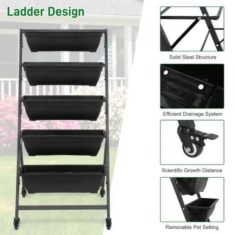 5-Tier Plastic Plant Stand with Wheels, Casual Style Square Flower Pot Holder, Lightweight, with Multiple Components for Indoor/Outdoor Use, Indoor Planter Pots