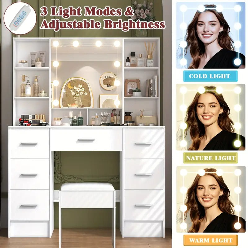 Dresser Set With LED Illuminated Mirror, 7 Drawers, Multiple Compartments, Stool Included, Birthday, Christmas, New Year Gift