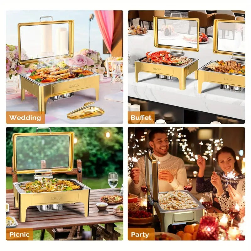 9QT square 304 stainless steel hot pot, hydraulic glass cover and food pot - golden buffet heater, suitable for catering, parties, events and home use only for cooking