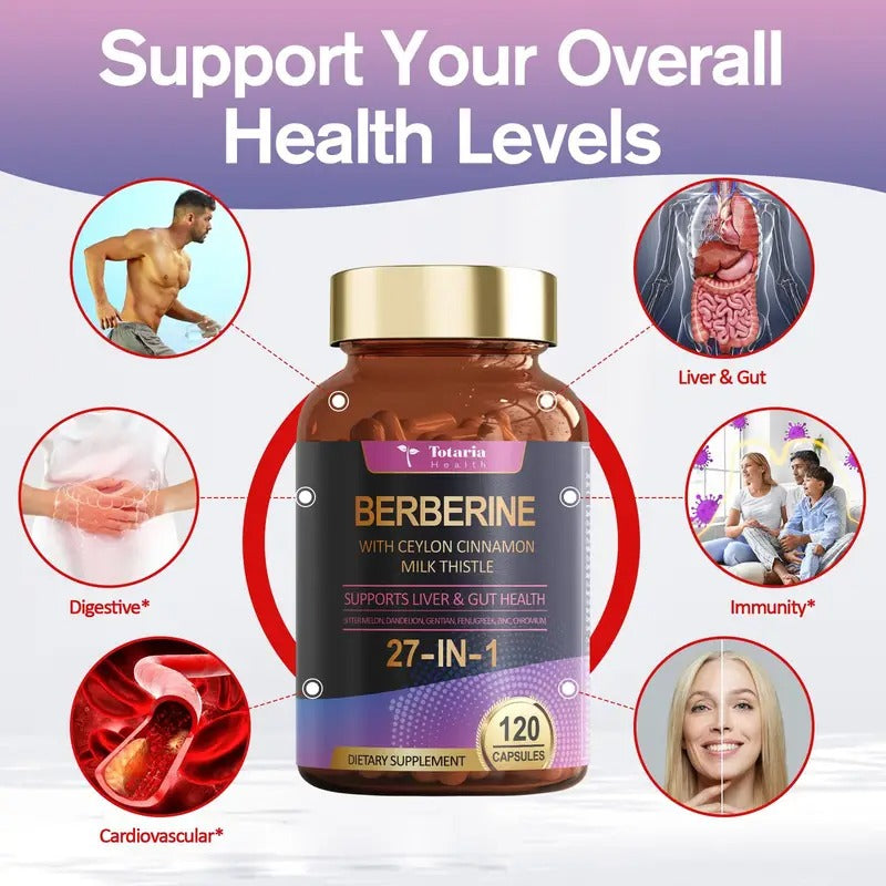 27-in-1 Berberine Supplement with Ceylon Cinnamon, Milk Thistle - Pure Berberine 6000mg - Berberine Plus for Immune,Liver & Gut Health, Supplements for Men & Women - 120 Caps