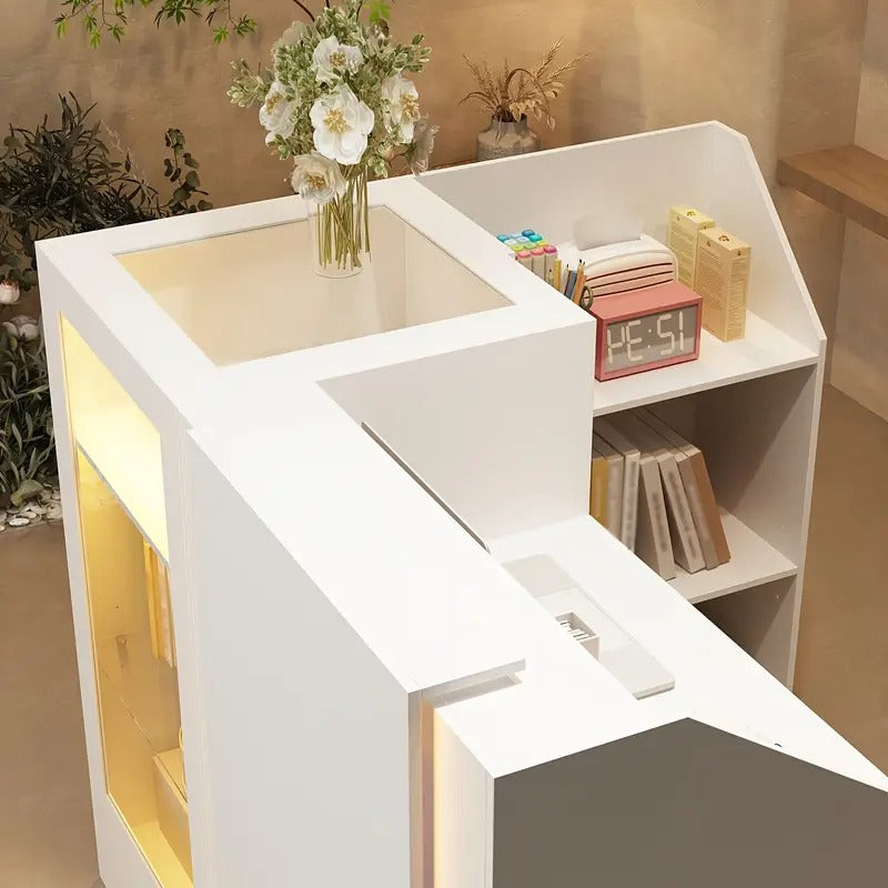 [Modern LED Reception Desk] Modern Reception Desk - Multi-functional with LED Lighting and Organized Storage Compartments