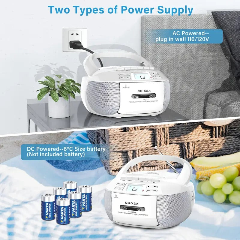 CD & Tape Combo BoomBox with AM/FM Radio, Vintage Stereo Speaker System, LCD Display, AC-Powered (120V) - Compatible with AUX, Headphones - for Home, Bedroom, Office - Ideal for