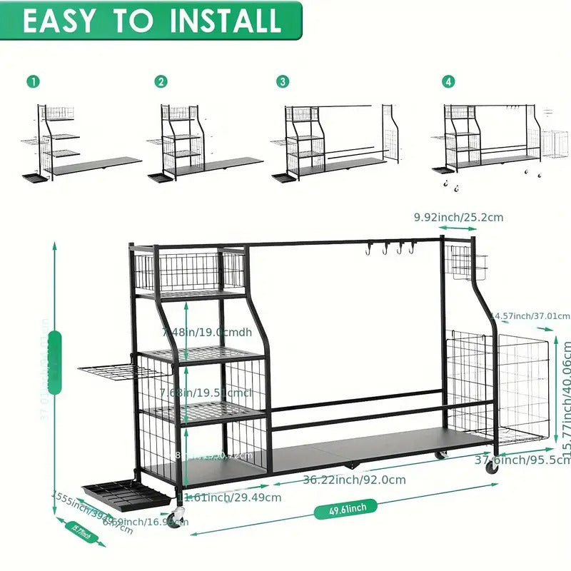 3-Golf Bag Storage Organizer with Wheels - Heavy-Duty Metal Frame, Mesh Pockets & Side Storage for Clubs, Shoes, Gloves - Black Garage/Golf Shop Organizer for Golf Enthusiasts,
