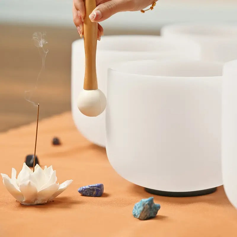 [Quartz Crystal] 432Hz 6"-12" Set Of 7 Chakra Frosted Quartz Crystal Singing Bowl Sound Bath Bags | Frosted Chakra Quartz Crystal Singing Bowls | For Bath Sound Bowls Meditation Set Yoga