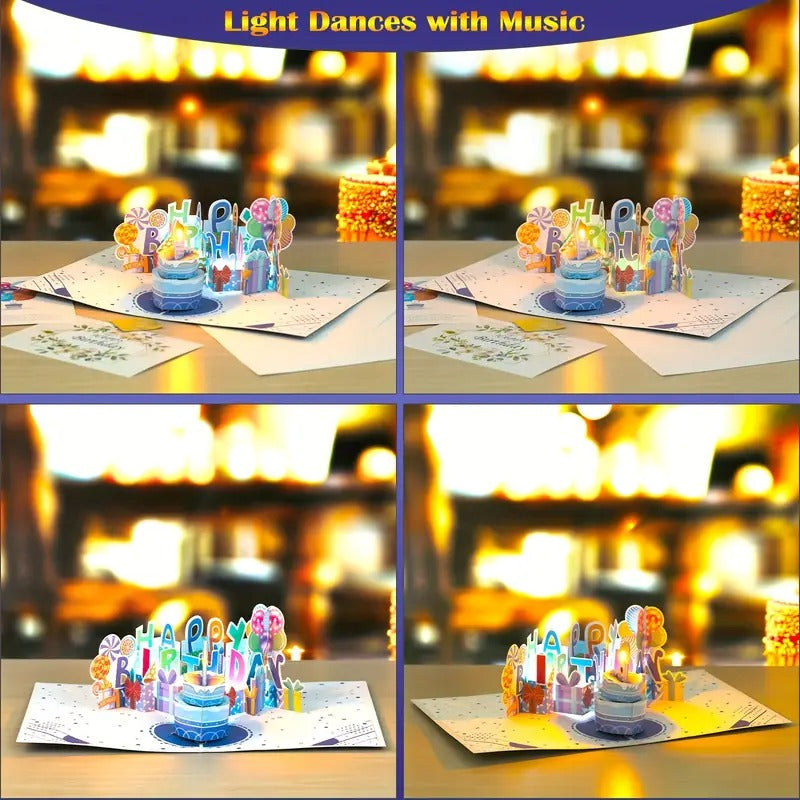 Firework Birthday Cards, Music & LED Lights 3D Pop Up Greeting Card with Blowable Birthday Cake, Comes with Digital DIY, Sticky Note And Envelope, for Lover, Family And Friend