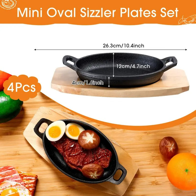 Set Of 4 Cast Iron Mini Oval Serving Dishes - 8oz, Black, With Wooden Base, Ideal For Baking & Roasting, 8.7 X 4.7 X 1.6 Inch