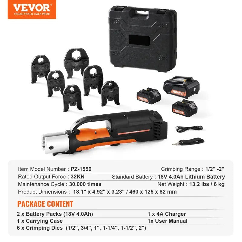 VEVOR Pro Press Tool, 18V Electric Pipe Crimping Tool for 1/2" to 2" Stainless Steel, Copper, PEX Pipes, Press Tool Kit with 6 Pro Press Jaws, 2pcs 4AH Battery, Fast Charger & Carrying Case