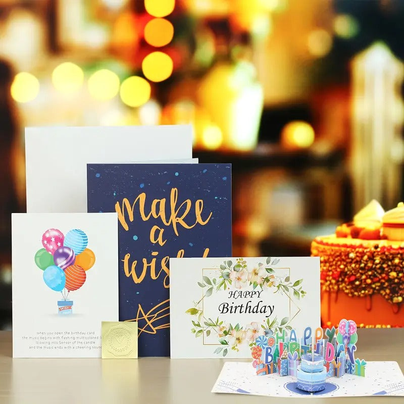 Firework Birthday Cards, Music & LED Lights 3D Pop Up Greeting Card with Blowable Birthday Cake, Comes with Digital DIY, Sticky Note And Envelope, for Lover, Family And Friend