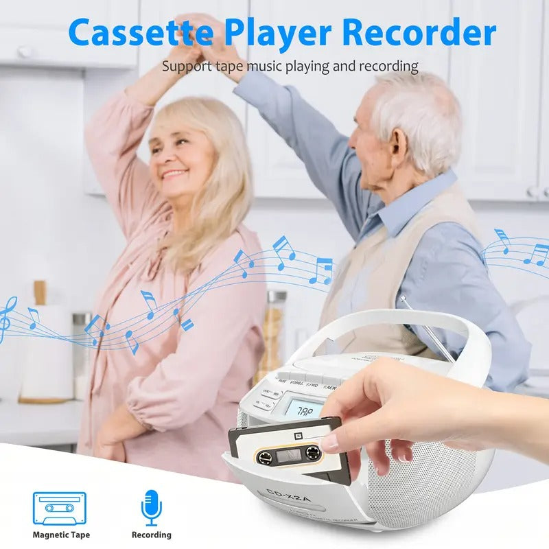 CD & Tape Combo BoomBox with AM/FM Radio, Vintage Stereo Speaker System, LCD Display, AC-Powered (120V) - Compatible with AUX, Headphones - for Home, Bedroom, Office - Ideal for