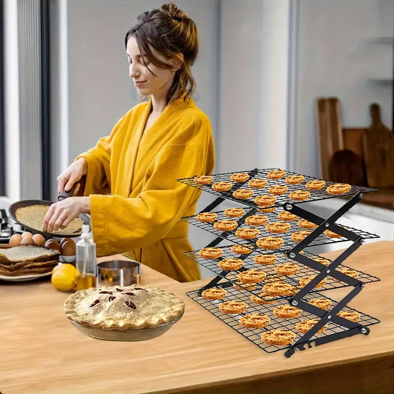 Four-layer Foldable Cooling Rack With Baking Tool Set - Stackable Oven Cookie Cake Drying Rack. BBQ Grill Mesh Tray For Camping, Kitchen Storage & Holiday Baking Gifts