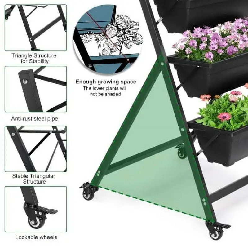 5-Tier Plastic Plant Stand with Wheels, Casual Style Square Flower Pot Holder, Lightweight, with Multiple Components for Indoor/Outdoor Use, Indoor Planter Pots