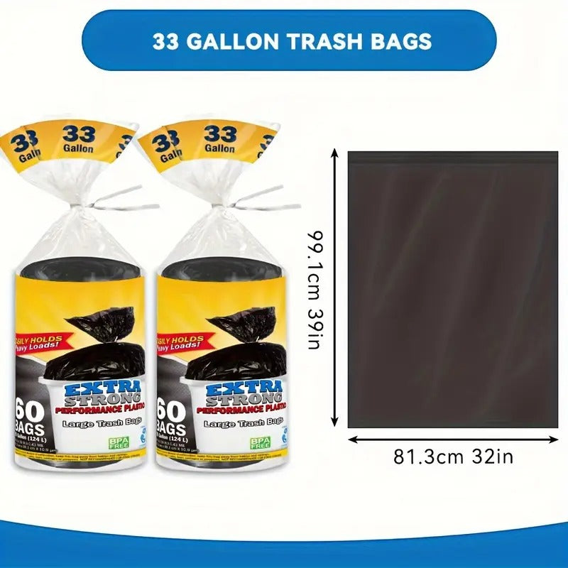 2 ROLLS 120 Bags 33 Gallon Black Disposable Large Garbage Bag Puncture Tear Resistant Trash Bags, 33 Gallon Capacity, Large Multipurpose Cleaning Supplies for Industrial, Garden, Home