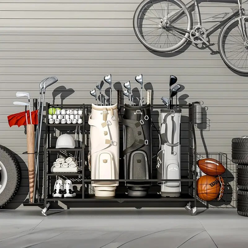 3-Golf Bag Storage Organizer with Wheels - Heavy-Duty Metal Frame, Mesh Pockets & Side Storage for Clubs, Shoes, Gloves - Black Garage/Golf Shop Organizer for Golf Enthusiasts,