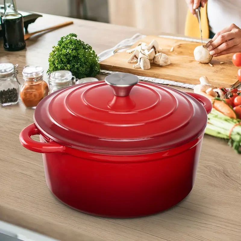 6 QT Enameled Dutch Oven Pot with Lid - Heavy-Duty Non-Stick Red Cookware, Dual Handles for Even Heat Distribution, Oven & Stovetop Safe - Ideal for Professional & Home Kitchen, Bread Baking, Roasting, Soups, Stews