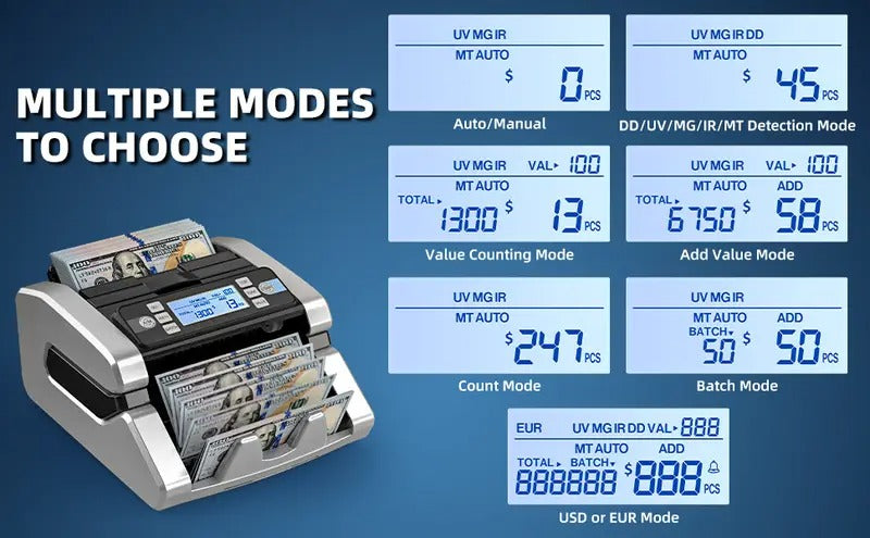 Money Counter Machine, Value Counting, UV/MG/IR/MT/DD Counterfeit Detection, USD/EUR Bill Counter, Add and Batch Modes, Cash Counting Machine 1300 Bills/min