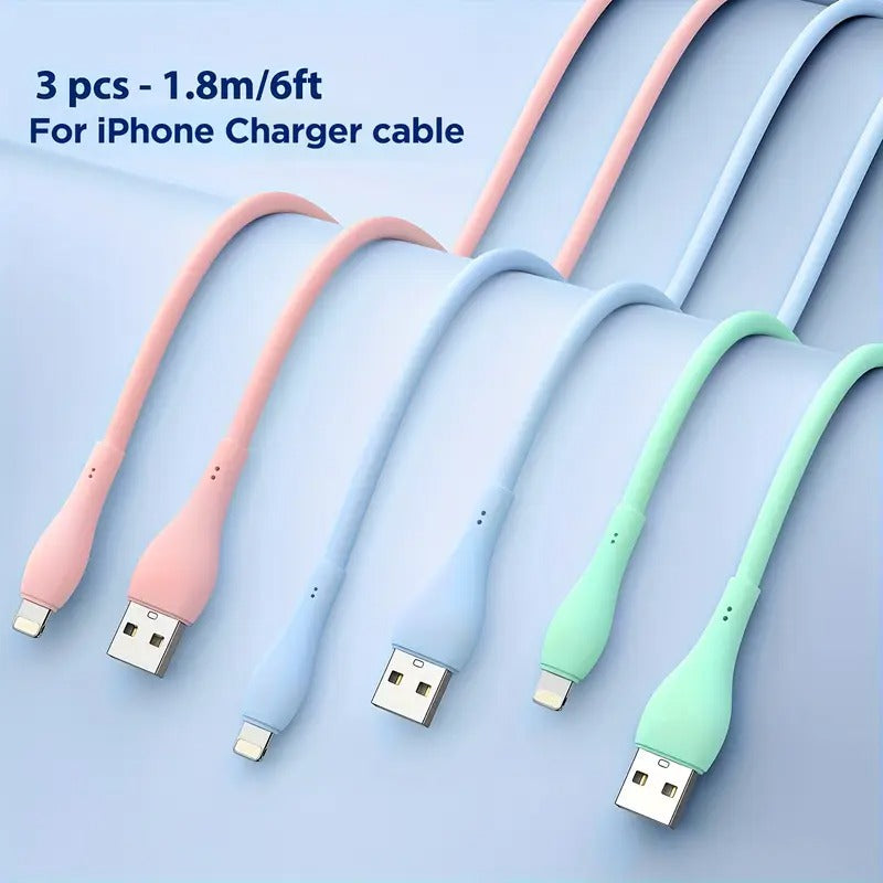 3-Pack For IPhone Charging Cable, 6ft/1.8m Fast Charging Cable, 3A Fast Charging Cable, Silicone USB Charging Cable, Suitable For IPhone 14/13/12/11/10 MAX/Pro/X/XS, IPad, Pink/Green/Blue