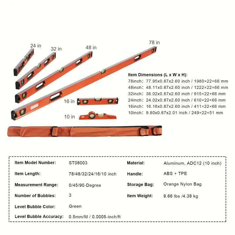 Magnetic Torpedo Level, 78/48/32/24/16/10in Mechanical Level Set, Bubble Vials Ruler for 45/90/180 Degree, Aluminum Alloy Leveler Tool W/ Viewing Window, Shock-Resistant for Plumbing, Wood (Only 10-inch Has Magnet)