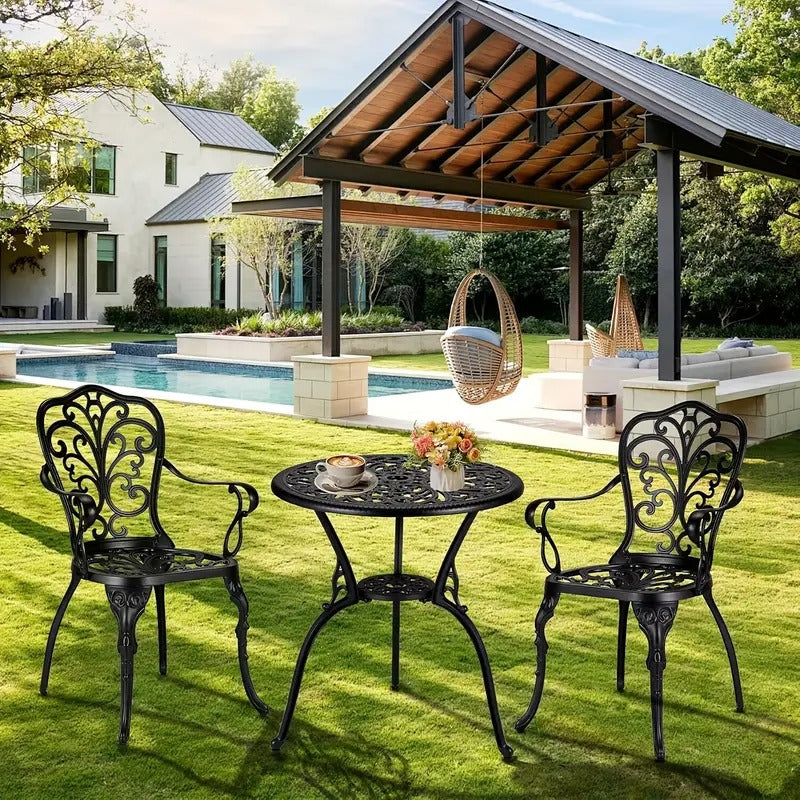 3pcs Bistro Set, Outdoor Bistro Table And Chairs Set Of 2, Rust-Resistant Cast Aluminum All Weather Patio Outdoor Bistro Set with Umbrella Hole for Backyard, Balcony, Front Porch