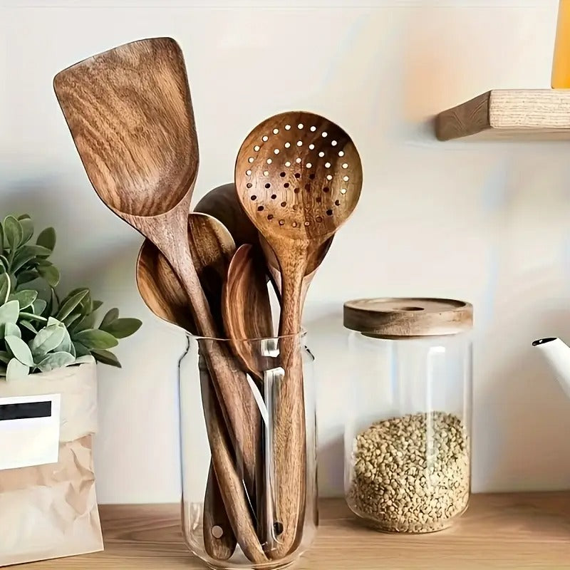 10pcs Quality Teak Cookware Set - Non-stick Friendly, Heat Resistant, Ergonomic Handle, Comfortable Grip - Perfect For Stirring, Baking, Serving And Easy Cooking