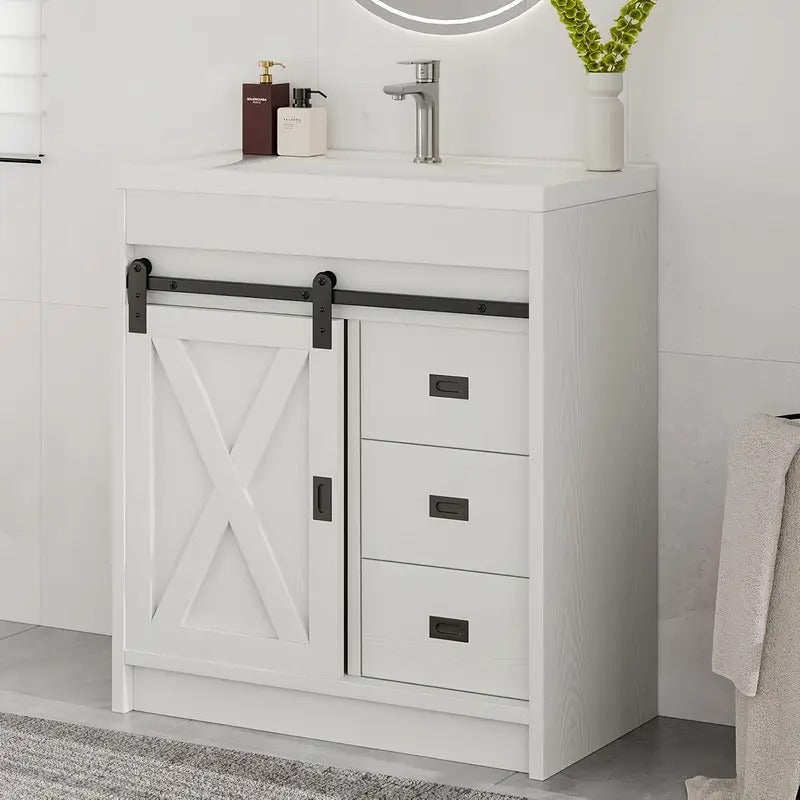 Farmhouse Bathroom Vanity With Sink, White Sliding Barn Door Bathroom Vanity Cabinet With Storage Drawers, Small Single Bath Storage Vanity Sink, Valentines Decorations For Home