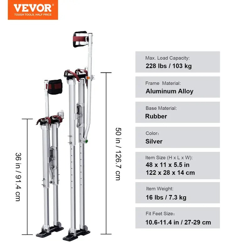 VEVOR Drywall Stilts, 36''-50'' Adjustable Aluminum Tool Stilts with Protective Knee Pads, Durable and Non-slip Work Stilts for Sheetrock Painting, Walking, Taping, Silver