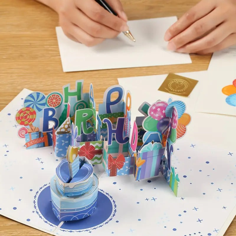 Firework Birthday Cards, Music & LED Lights 3D Pop Up Greeting Card with Blowable Birthday Cake, Comes with Digital DIY, Sticky Note And Envelope, for Lover, Family And Friend