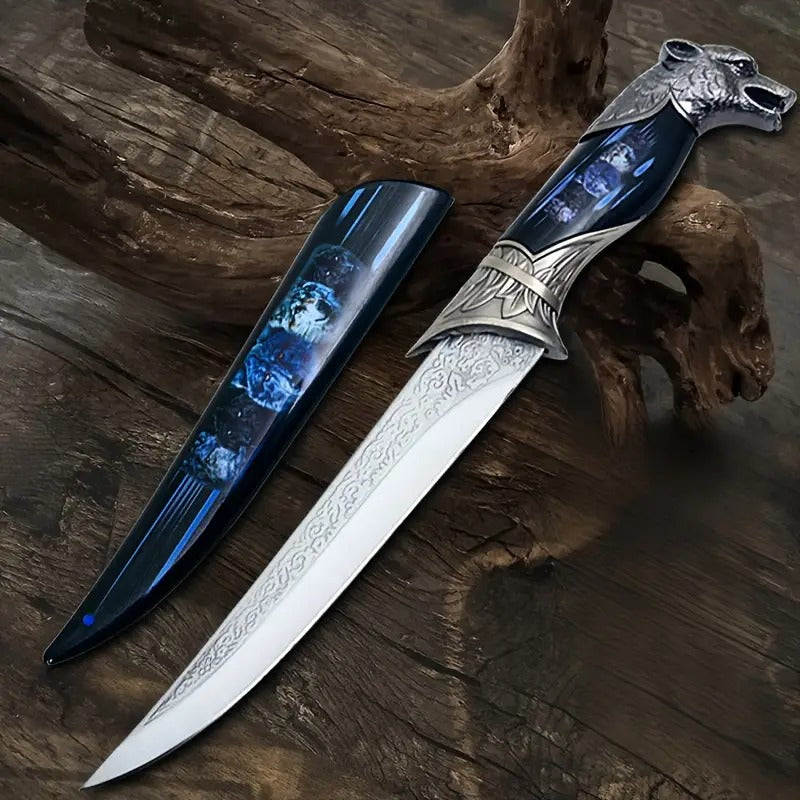 Unopened Blade Stainless Steel Collection Wolf Head Gift Knife with Exquisite Wolf Pattern Plastic Sheath - A Collectible Gift for Tool Enthusiasts