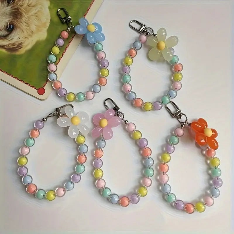 Five-piece Set Of Fashionable Macaron Color Bead Petal Mobile Phone Lanyard Style Handmade String Mobile Phone Chain Wristband