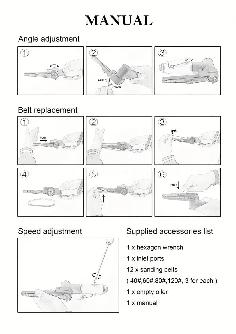 Pneumatic Tool Air Belt Sander, 1/4" Air Inlet, Air Belt Sander (3/8" X 13") With 12pcs Belts (#40, #60, 80#, 120#), 3/8" Air Belt Grinder For Aluminium, Iron, Steel And Etc. Metal Polishing
