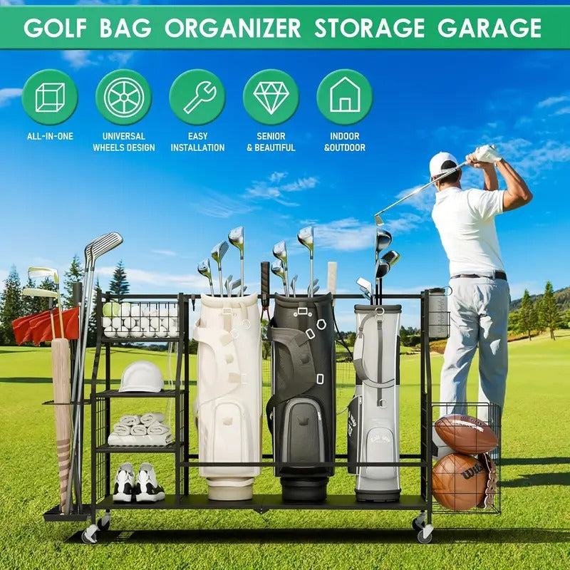 3-Golf Bag Storage Organizer with Wheels - Heavy-Duty Metal Frame, Mesh Pockets & Side Storage for Clubs, Shoes, Gloves - Black Garage/Golf Shop Organizer for Golf Enthusiasts,