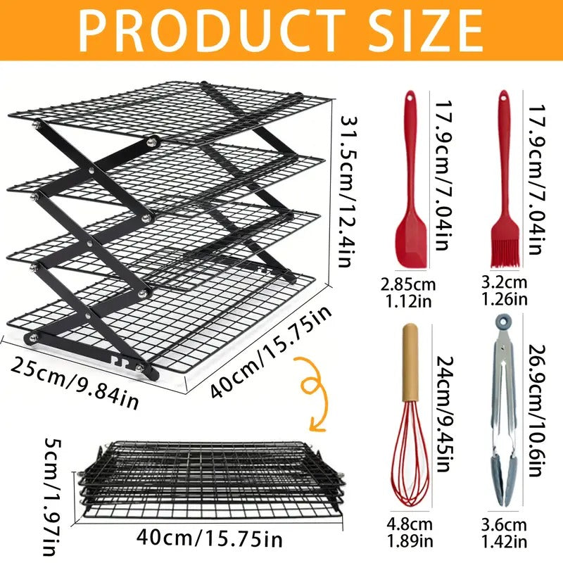 Four-layer Foldable Cooling Rack With Baking Tool Set - Stackable Oven Cookie Cake Drying Rack. BBQ Grill Mesh Tray For Camping, Kitchen Storage & Holiday Baking Gifts