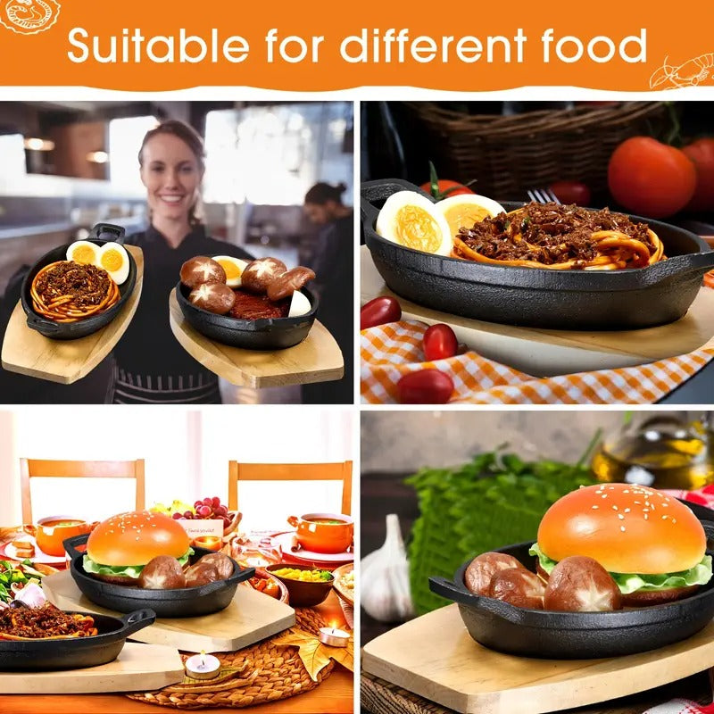 Set Of 4 Cast Iron Mini Oval Serving Dishes - 8oz, Black, With Wooden Base, Ideal For Baking & Roasting, 8.7 X 4.7 X 1.6 Inch