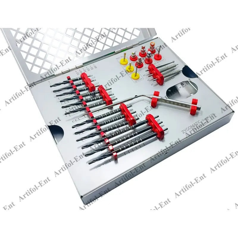 ARTIFOL 26 Pcs Implant Premium Zygomatic Set for Implant Socket Preparation Black Titanium Coated Step Drills with Depth Probe, Motor Mount, Drivers and Ratchet Wrench Zygo Kit ‎OS1055
