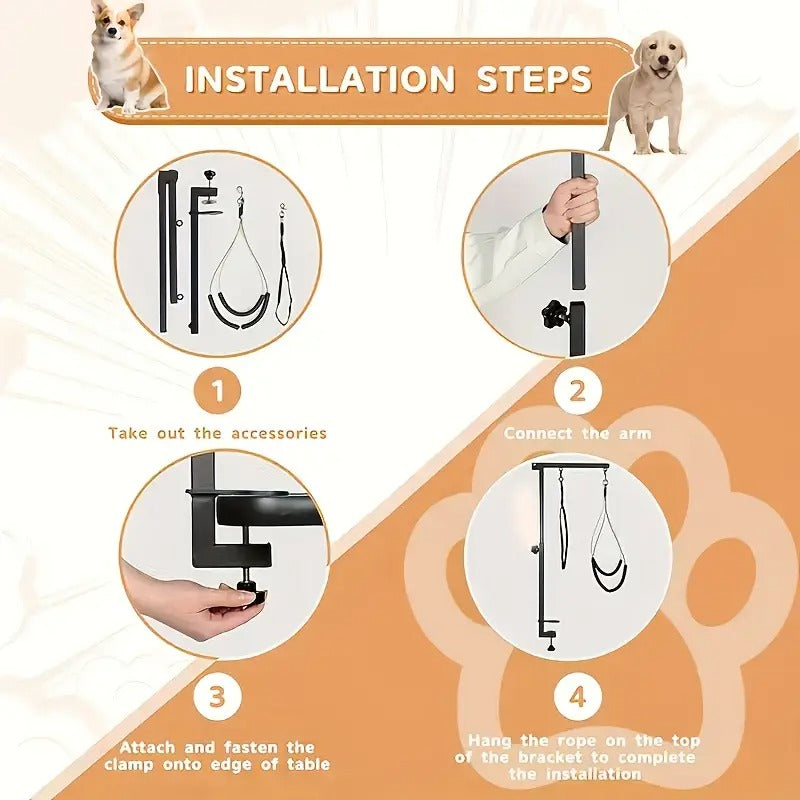 Heavy-Duty Adjustable Dog Grooming Arm - Tool-Free Folding Setup, Clamp-On Base, Soft U-Shaped Sling Support Loop - for Home, Salon, Professional Pet Grooming - Compatible with all