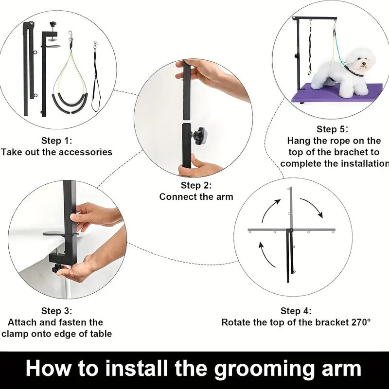 SENMEO 35" Flexible Grooming Arm for Dogs & Cats - Quick-Fold & Carry Design, Secure Loop to Prevent Escapes, Clamp-On Pet Grooming Table Arm with Ergonomic Handle for Small