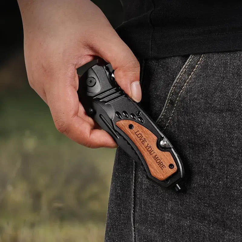 [Valentine's Pocket Knife] LOVE YOU MORE Engraved Pocket Knife | Ambidextrous EDC Knife, Serrated Edge & Clip, Durable Compact Camping/Hiking/Emergency Tool | Valentine's Gift