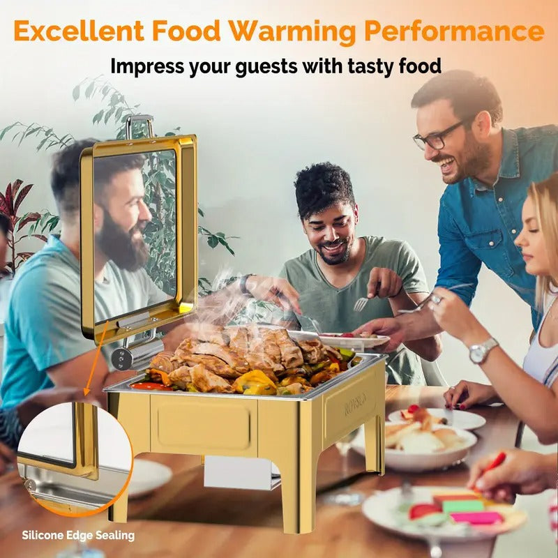 9QT square 304 stainless steel hot pot, hydraulic glass cover and food pot - golden buffet heater, suitable for catering, parties, events and home use only for cooking
