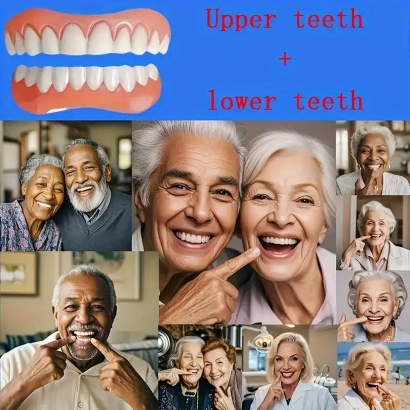 Adjustable Full Denture Set - Comfortable White Veneers for Upper & Lower Teeth, Durable Material, Easy to Use & Maintain, Ideal for Missing Teeth, Elderly, Banquet & Social Gatherings