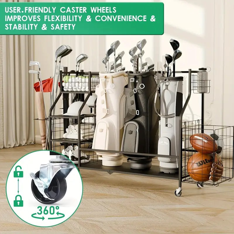 Golf Bag Storage Organizer, For 3 Golf Bags And Equipment Storage Rack With Wheels, Golf Bag Organizer With Side Storage For Golf Equipment Accessories
