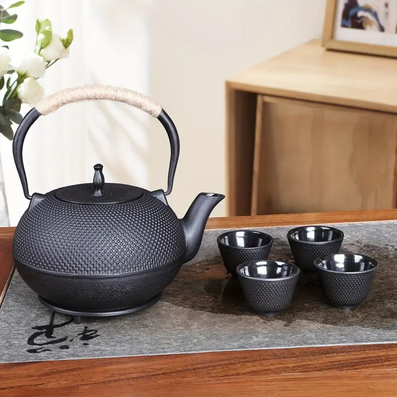 60oz Japanese Cast Iron Pot Tea Set - Black Color Teapot with Infuser and Trivet for Loose Tea Adults, Best for Christmas